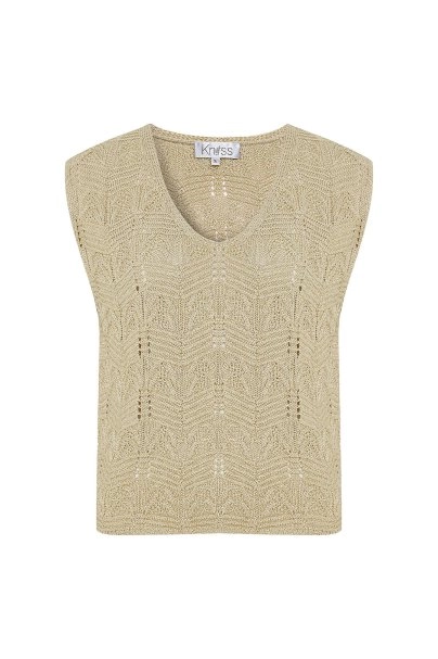 FANCY KNIT DETAILED V NECK SAND KNIT TOP - 6