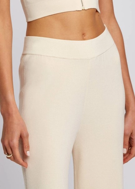 Fermuar Detaylı Düz Kesim Krem Triko Pantolon - 6