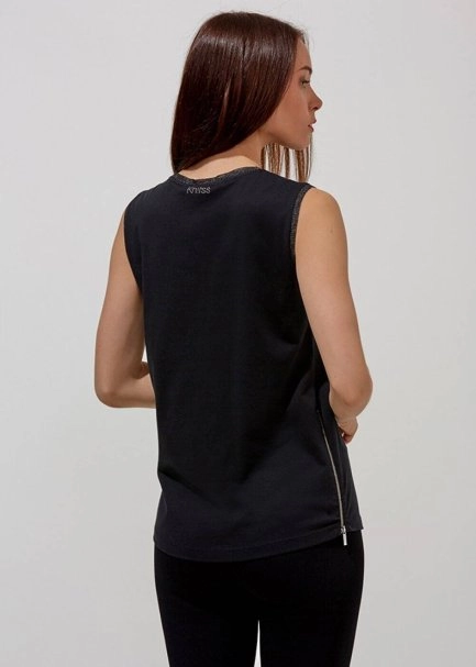 Fermuar Detaylı Kolsuz Pamuk Siyah T-Shirt - 3