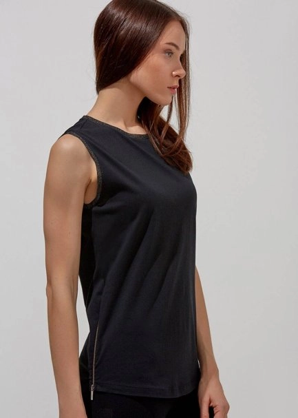 Fermuar Detaylı Kolsuz Pamuk Siyah T-Shirt - 4