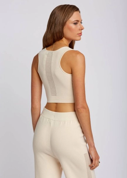 Fermuarlı Kolsuz Krem Rengi Crop Triko Üst - 3