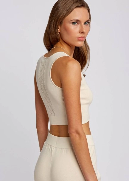 Fermuarlı Kolsuz Krem Rengi Crop Triko Üst - 7