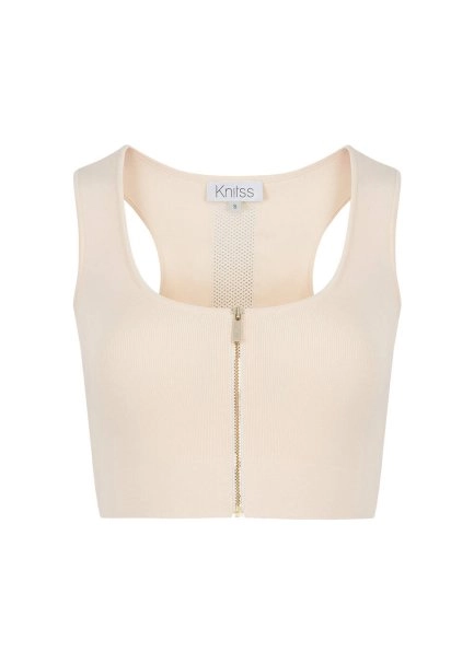 Fermuarlı Kolsuz Krem Rengi Crop Triko Üst - 8