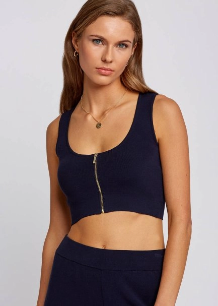 Fermuarlı Kolsuz Lacivert Crop Triko Üst - 6