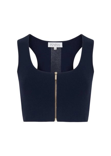 Fermuarlı Kolsuz Lacivert Crop Triko Üst - 8