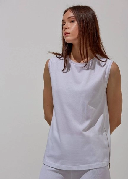 Fermuar Detaylı Kolsuz Pamuk Beyaz T-Shirt - 1