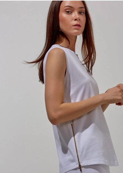 Fermuar Detaylı Kolsuz Pamuk Beyaz T-Shirt - 2