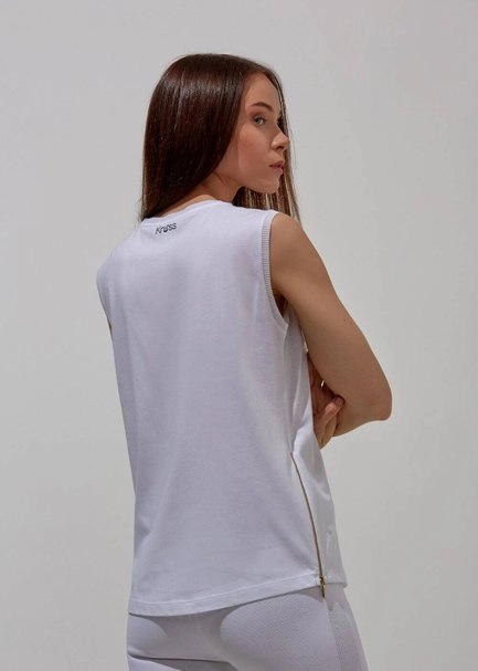 Fermuar Detaylı Kolsuz Pamuk Beyaz T-Shirt - 3