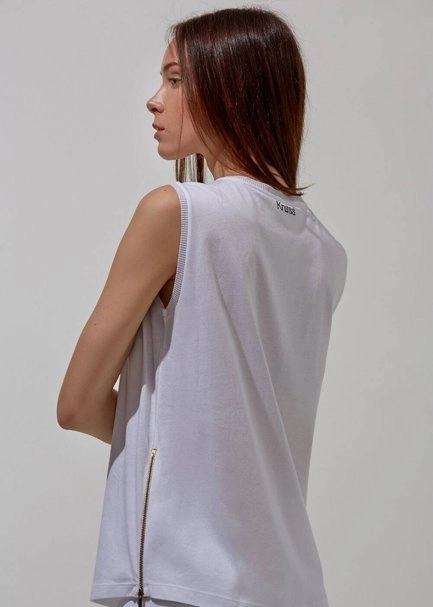 Fermuar Detaylı Kolsuz Pamuk Beyaz T-Shirt - 4