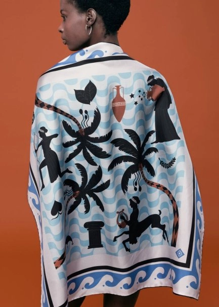 FIGURATIVE PATTERN PHERAHS LOGOED PURE SILK SCARF - 1