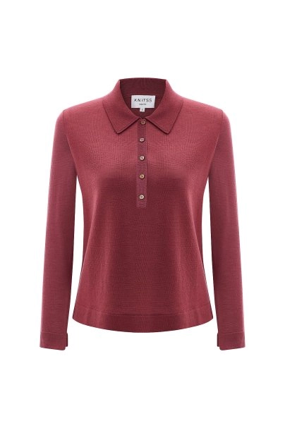 Fine Knit Antique Rose Polo Sweater - 6