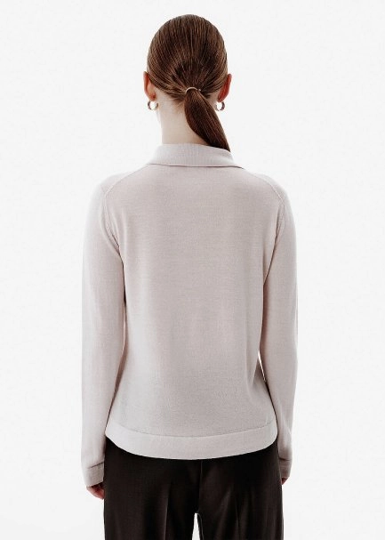 Fine Knit Beige Polo Sweater - 5