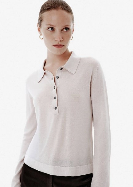 Fine Knit Beige Polo Sweater - 3