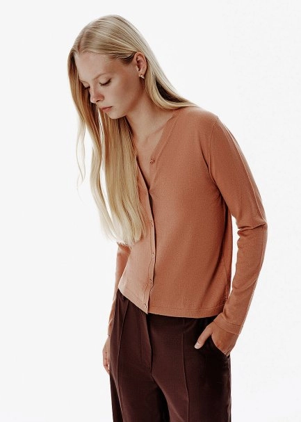 Fine Knit Enamel Button Brown Cardigan - 4