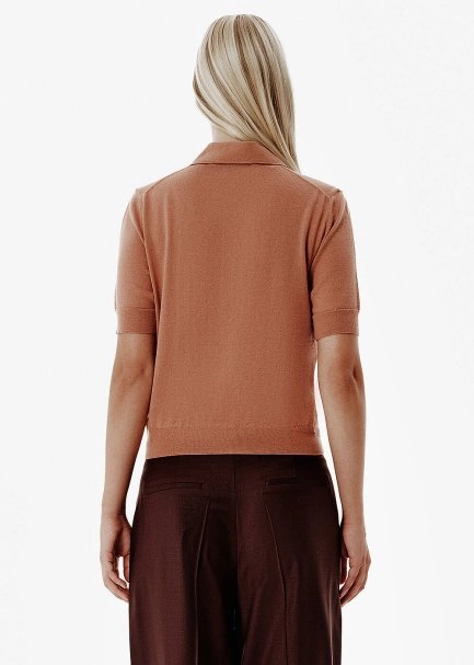 Fine Knit Enamel Button Brown Polo Top - 5