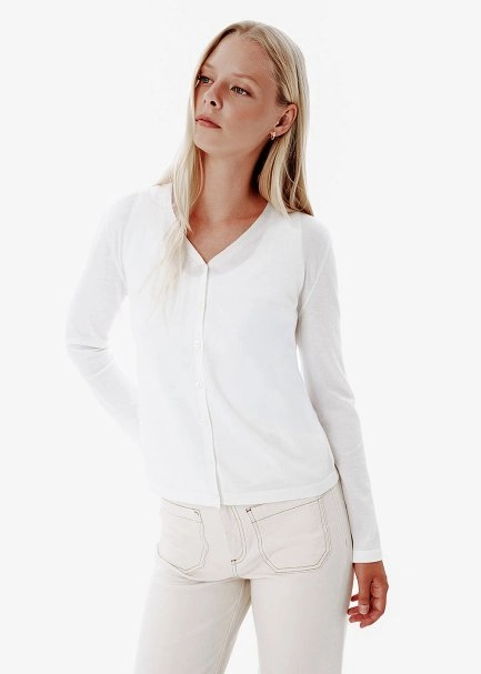 Fine Knit Enamel Button Ecru Cardigan - 4