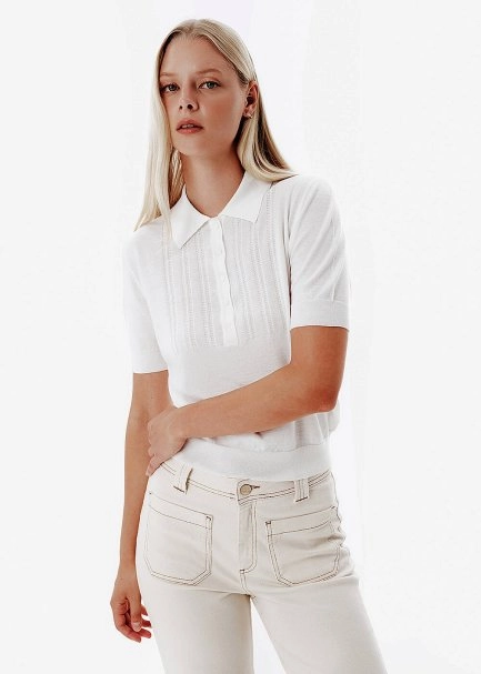 Fine Knit Enamel Button Ecru Polo Top - 3