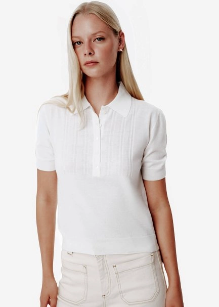 Fine Knit Enamel Button Ecru Polo Top - 4
