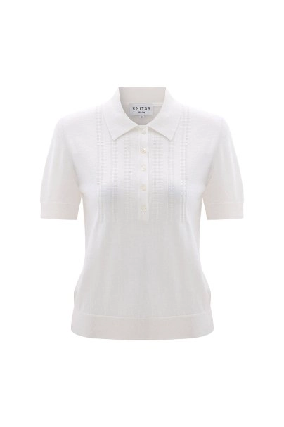 Fine Knit Enamel Button Ecru Polo Top - 6