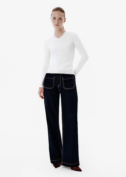 Fine Knit V-Neck Ecru Rib Sweater - 3