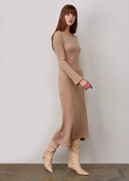 Fitil Örgü Detaylı Bej Midi Yün Triko Elbise - 2