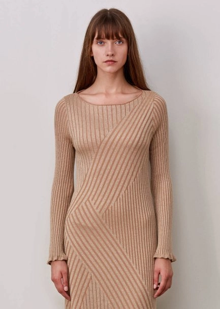 Fitil Örgü Detaylı Bej Midi Yün Triko Elbise - 6