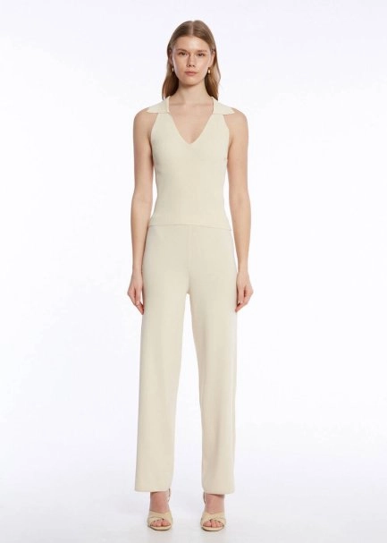 Fitil Örgü Detaylı Bej Triko Pantolon - 1