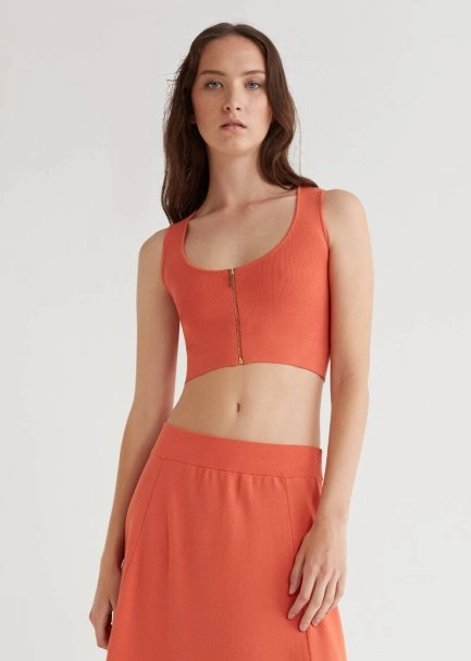 Fitted Zip Front Sleeveless Coral Crop Knit Top - 1