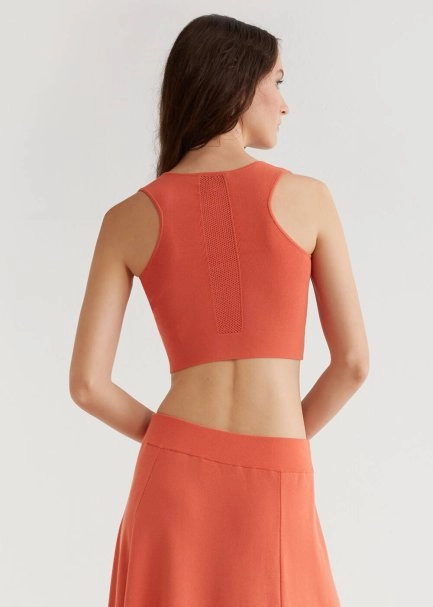 Fitted Zip Front Sleeveless Coral Crop Knit Top - 3