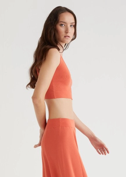 Fitted Zip Front Sleeveless Coral Crop Knit Top - 4