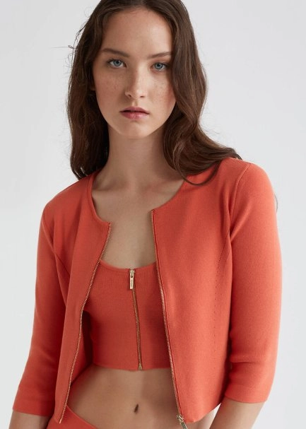 Fitted Zip Front Sleeveless Coral Crop Knit Top - 7