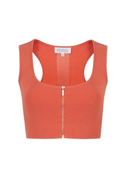 Fitted Zip Front Sleeveless Coral Crop Knit Top - 8