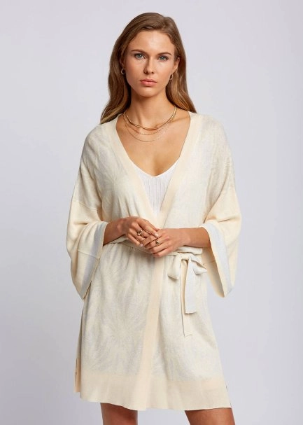 Floral Desenli Bej Triko Kimono - 1