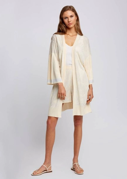 Floral Desenli Bej Triko Kimono - 2