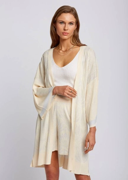 Floral Desenli Bej Triko Kimono - 4