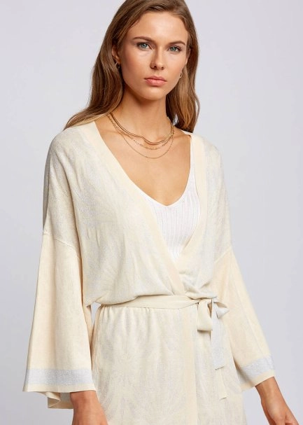 Floral Desenli Bej Triko Kimono - 6