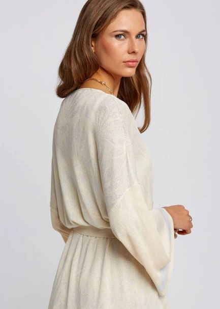 Floral Desenli Bej Triko Kimono - 7