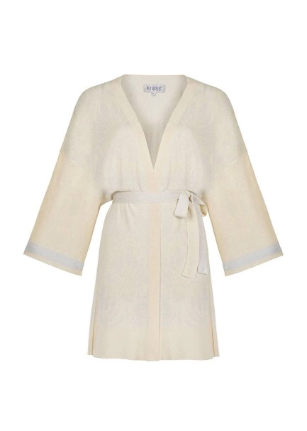 Floral Desenli Bej Triko Kimono - 8