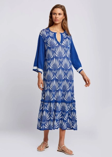 Floral Desenli Mavi-Beyaz Triko Elbise - 5