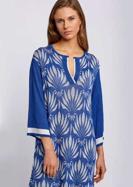 Floral Desenli Mavi-Beyaz Triko Elbise - 6