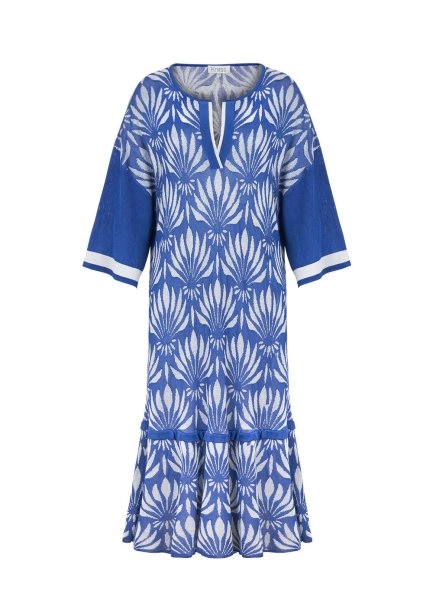 Floral Desenli Mavi-Beyaz Triko Elbise - 8