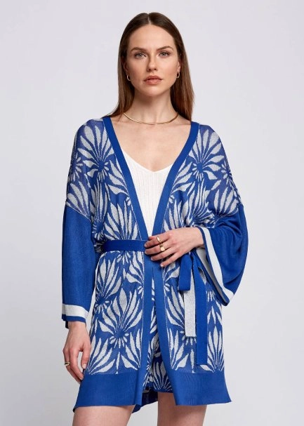 Floral Desenli Mavi-Beyaz Triko Kimono - 1