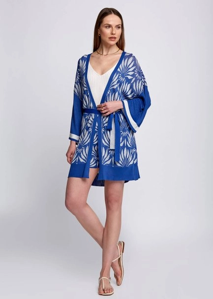 Floral Desenli Mavi-Beyaz Triko Kimono - 2