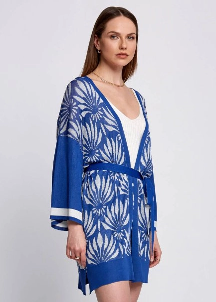 Floral Desenli Mavi-Beyaz Triko Kimono - 4