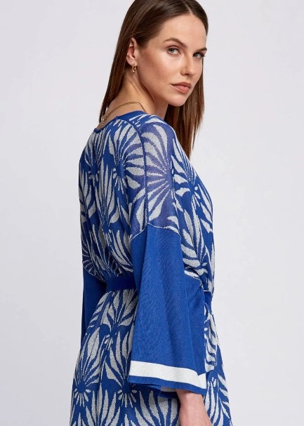 Floral Desenli Mavi-Beyaz Triko Kimono - 7