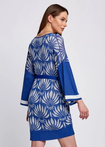 Floral Desenli Mavi-Beyaz Triko Kimono - 3