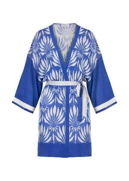 Floral Desenli Mavi-Beyaz Triko Kimono - 8
