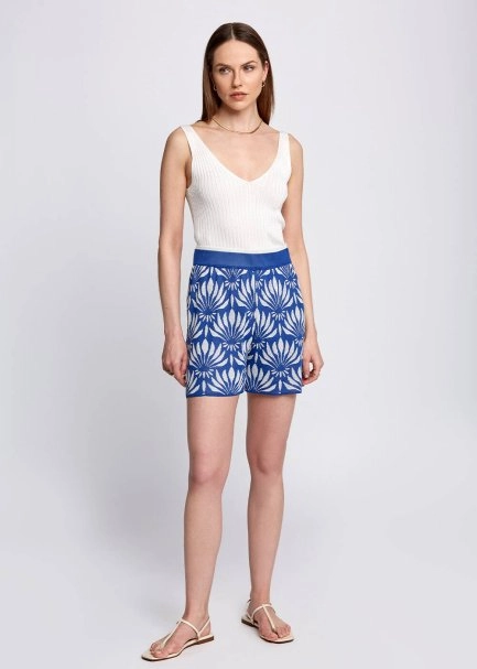 Floral Pattern Blue-Whıte Knıt Short - 2