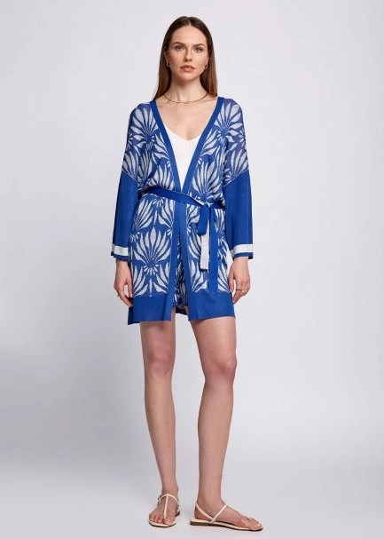 Floral Pattern Blue-White Knit Kimono - 5