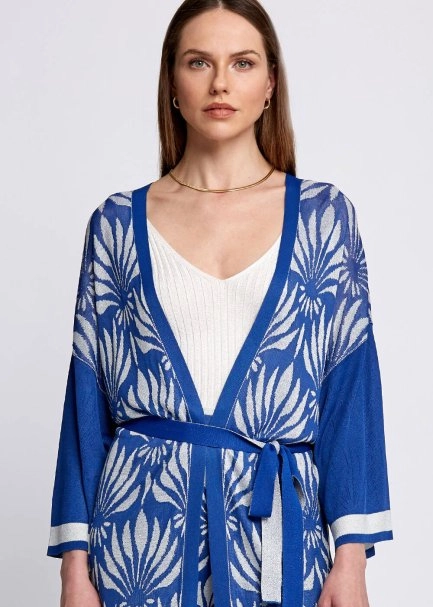 Floral Pattern Blue-White Knit Kimono - 6